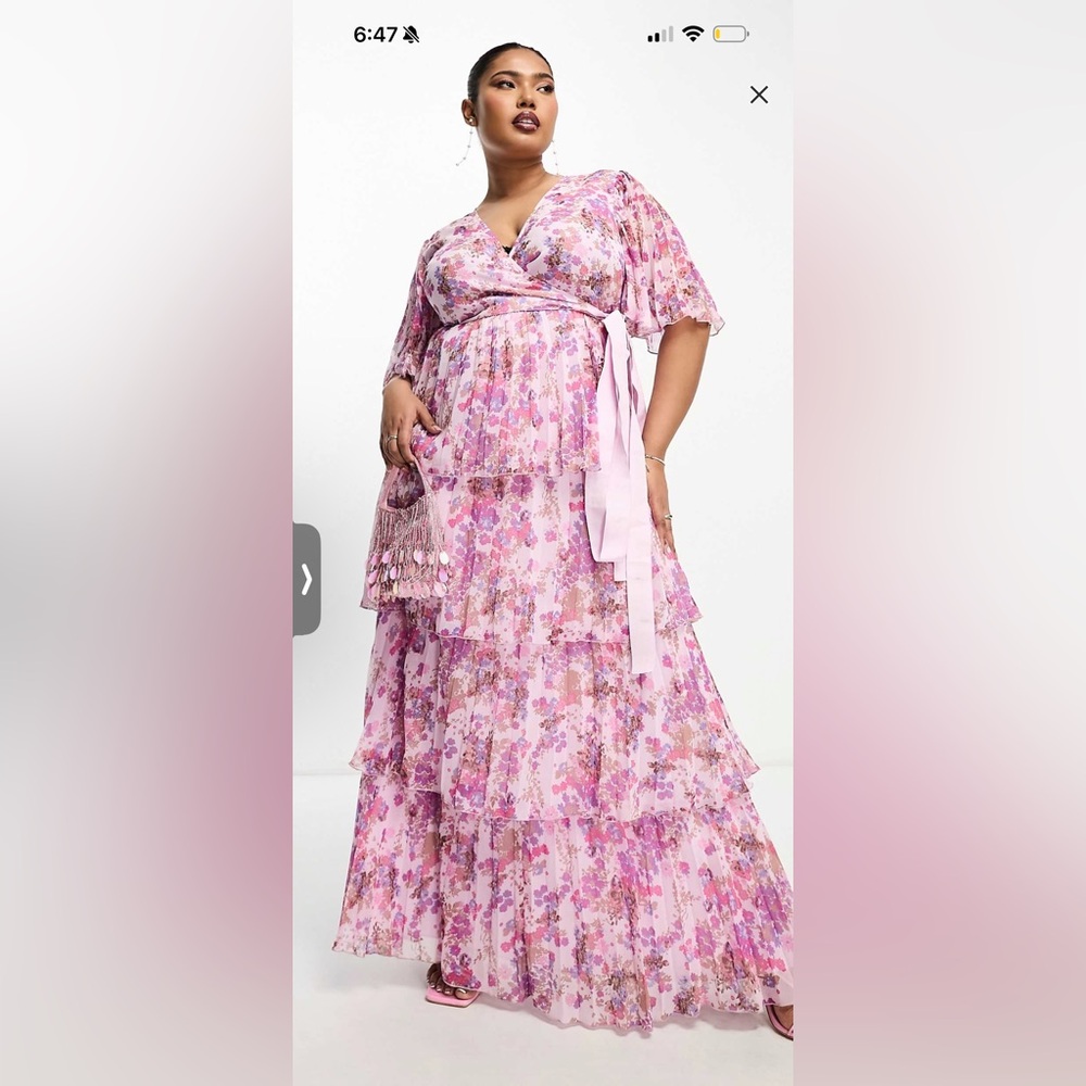 ASOS Pink Floral Wrap Maxi Dress with Tiered Ruffles